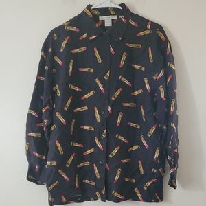 Vintage The Limited Silk Novelty Print Button Down Blouse Size Small Lipsticks